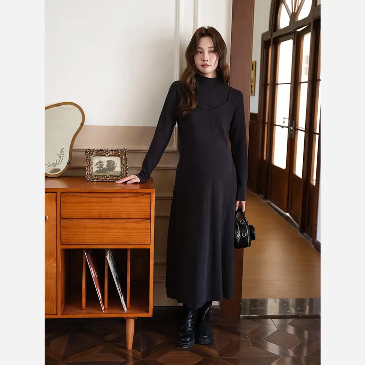 【清仓】孕妇打底连衣裙长袖半高领高级感假两件高弹连衣裙中长款