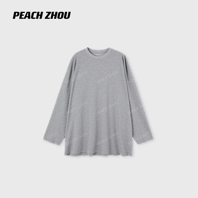 『PEACHZHOU』插画卡通印花落肩宽松圆领长袖休闲趣味减龄中性T恤