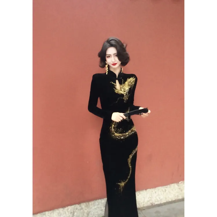 【大晶定制】秋冬新款气质霸气优雅金龙收腰连衣裙-DJ10057