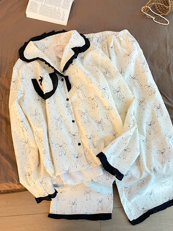 【波点蝴蝶结】黑白睡衣女春秋款2025新款高级感舒适休闲家居服套装