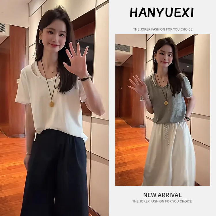 夏季时尚一整套女装2025新款蕾丝设计感短袖百搭休闲休闲裤两件套
