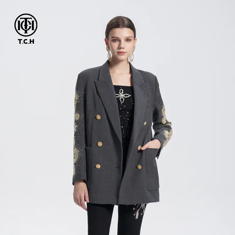 TCH 烫钻精纺绵羊毛复古双排金扣宽肩廓形西装外套潮T72C046015