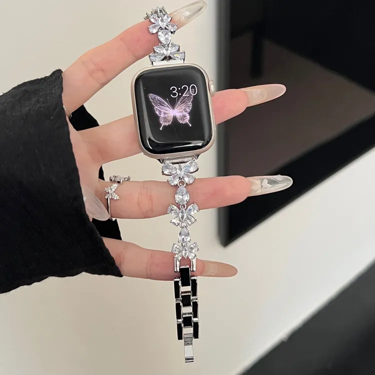 适用iwatchS10苹果s9手表7新款蝴蝶锆石金属SE表带applewatchS8夏