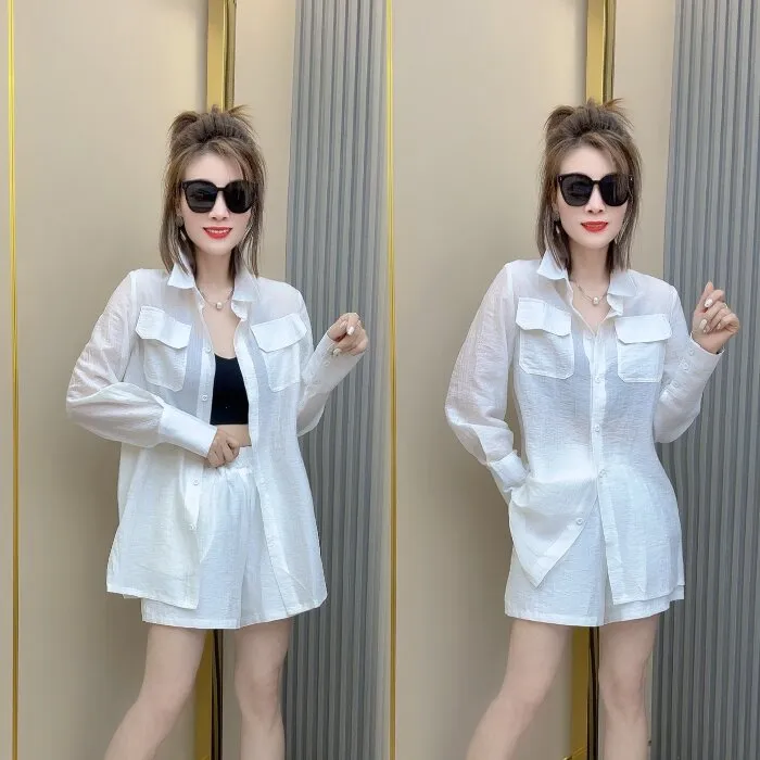 防晒长袖衬衫+短裤两件套