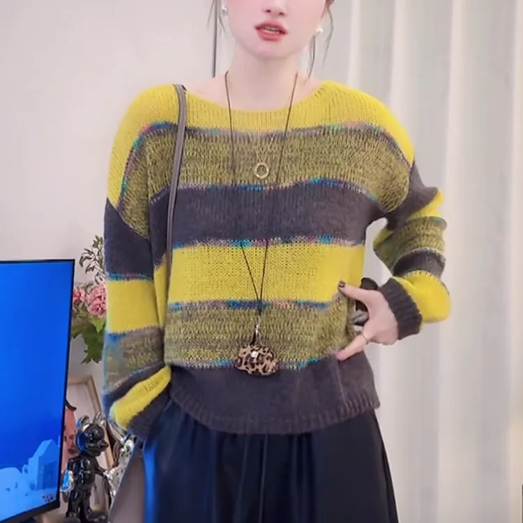 撞色条纹针织衫女2025秋季新款软糯洋气减龄显瘦打底毛衣套头上衣