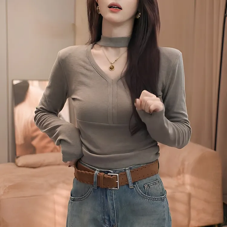 高级小众不撞衫上衣女2025春秋季时尚辣妹柳丁斜领露肩长袖T恤衫