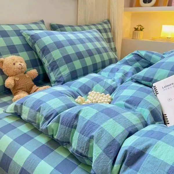 100%全棉纯棉色织水洗棉A类母婴加厚简约单人床品套件学生格子宿A