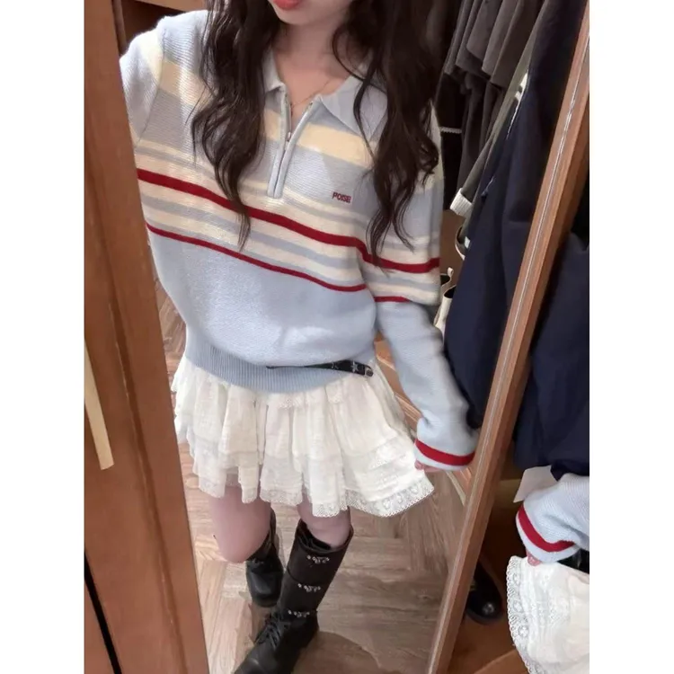 复古撞色polo领半拉链毛衣女秋娥新款宽松慵懒小众高级感针织衫