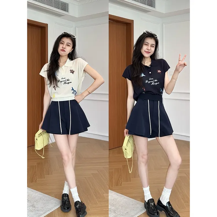 张阿星【悠闲派】韩版时尚休闲百搭趣味刺绣Polo短袖+抽绳藏青短裤 