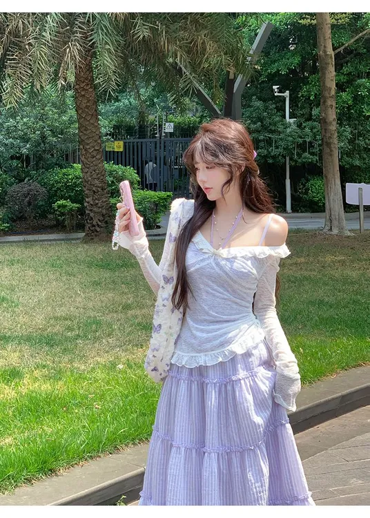 香芋奶昔 夏季温柔宽松长袖罩衫吊带罩衫吊带半身裙三件套女小众