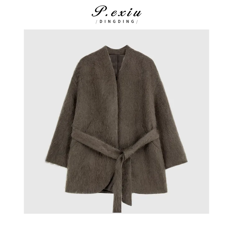100%绵羊毛轻奢气质手工拉绒系带大衣外套HR66004