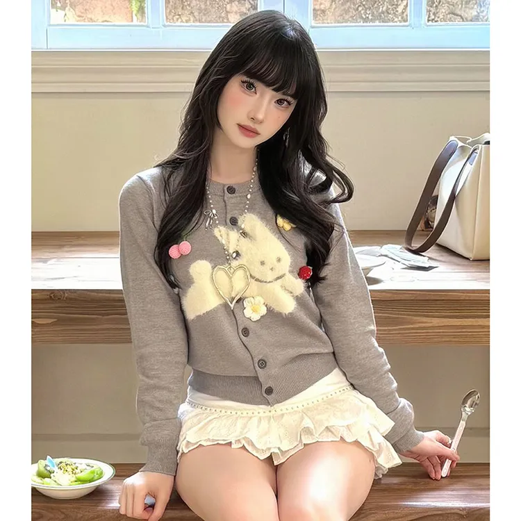 chic韩系穿搭针织开衫女秋季款兔子刺绣毛衣外套圆领修身软糯上衣