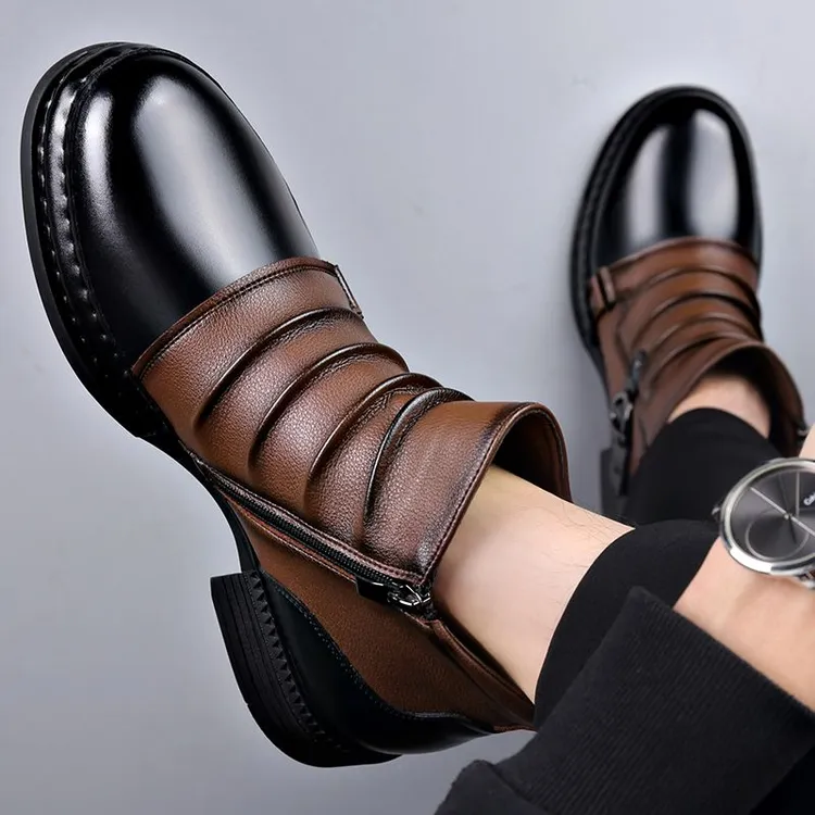 切尔西靴男真皮秋冬新款高帮马丁靴英伦男士潮流加绒保暖拉链短靴