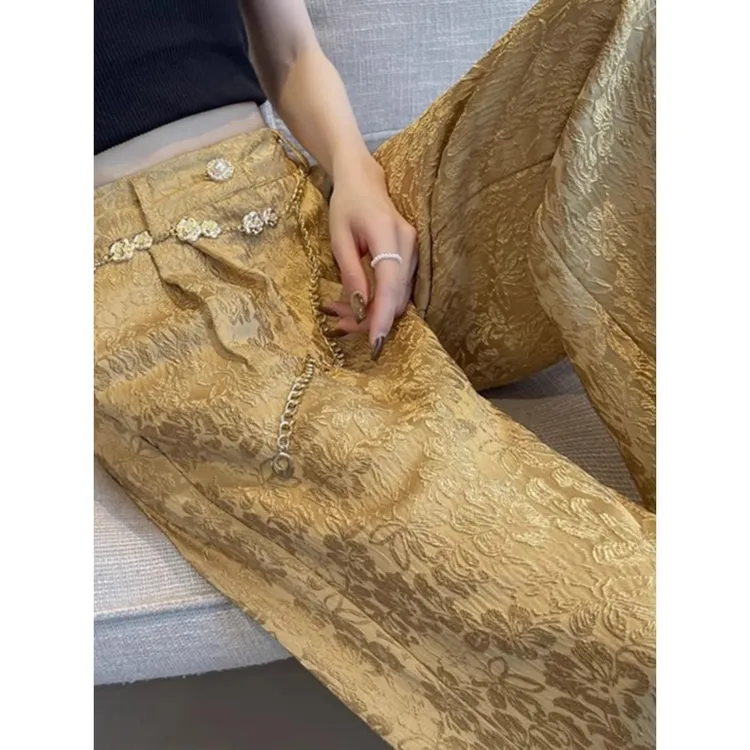 新中式提花西装裤女高级感刺绣金色唐装裤轻国风链条休闲阔腿裤秋