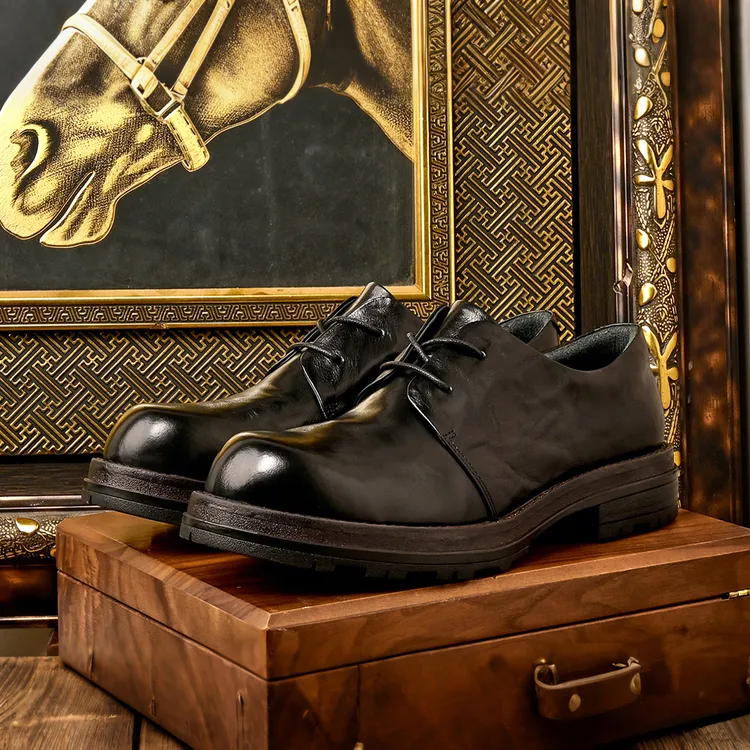 Brounvanm男士真皮透气休闲皮鞋耐磨商务厚底系带单鞋舒适德比鞋