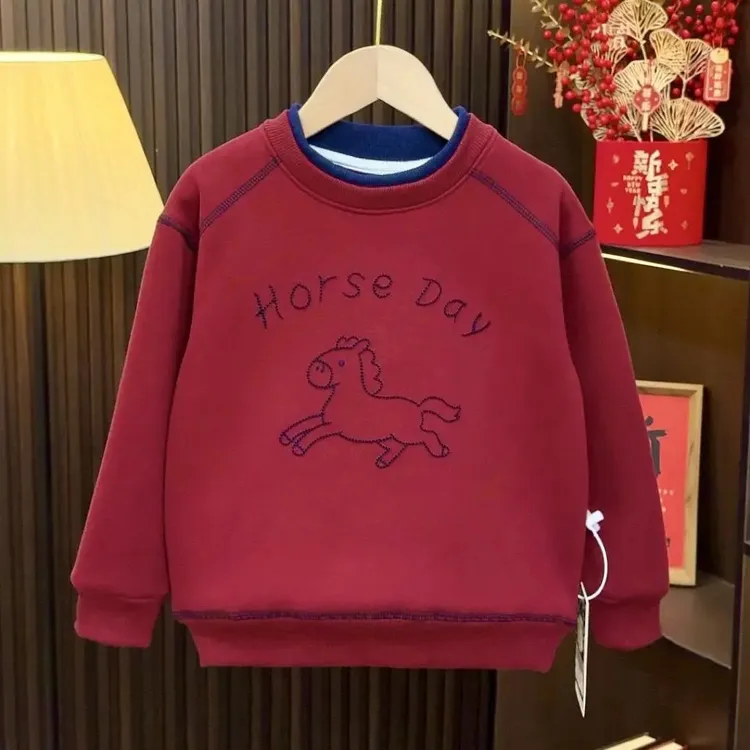 儿童加绒卫衣冬季新款男童拱桥绣马年拜年服中大童时尚圆领上衣