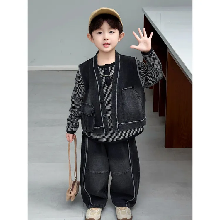 男童秋装套装2025新款儿童洋气时髦牛仔马甲三件套宝宝秋季衣服潮