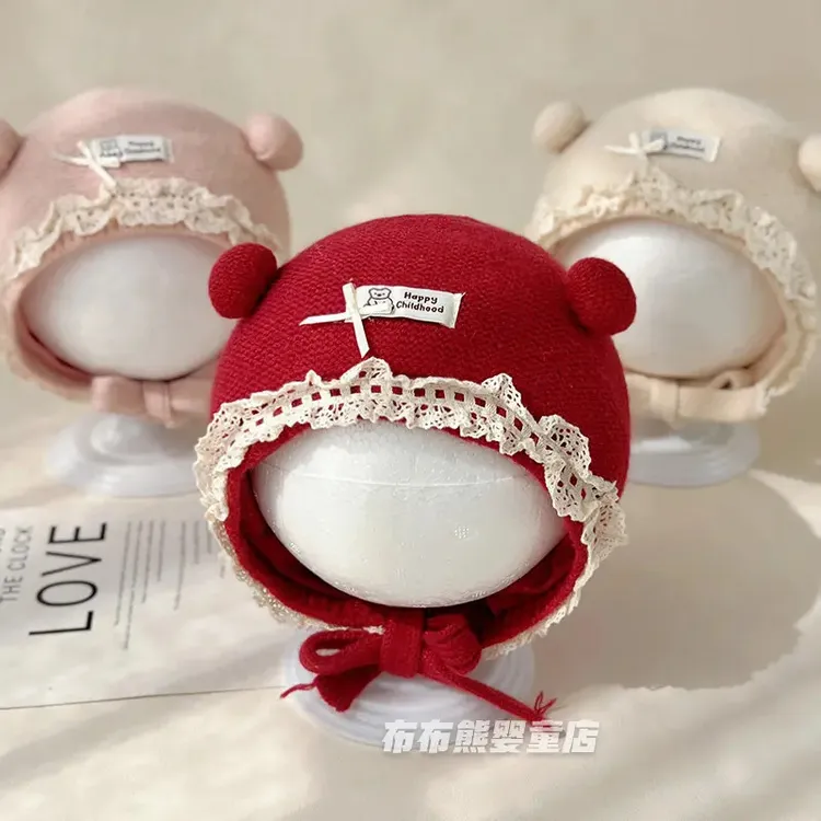 婴儿帽子秋冬季公主洋气护耳帽女宝宝冬天红色针织帽婴幼儿毛线帽