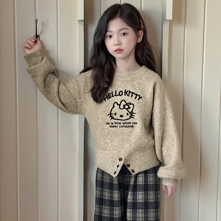 燕麦奶咖女童圆领毛衣秋季新款HelloKitty保暖短款上衣格子裤套装