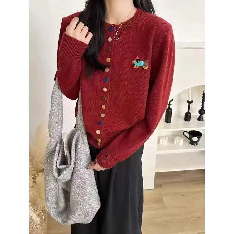 小香风彩色纽扣圆领毛衣外套女秋冬季慵懒百搭减龄针织衫开衫上衣