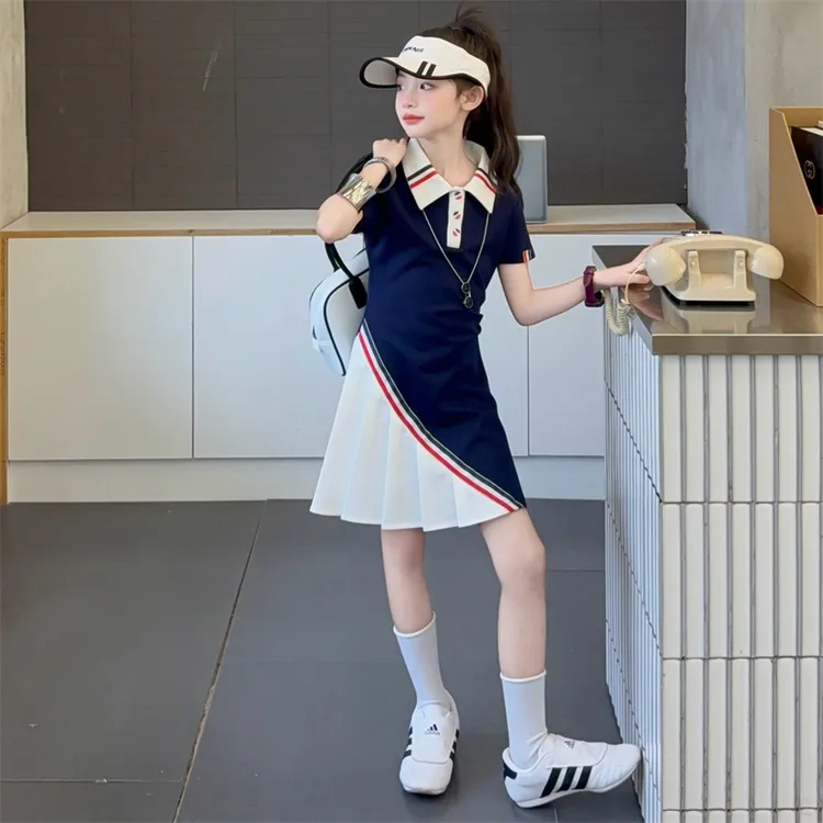 女童韩系工装连体裙时尚洋气POLO领女孩子修身拼色织带个性儿童装