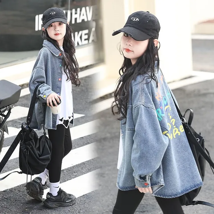 女童牛仔外套春秋装儿童衬衫春秋款洋气衬衣翻领大童休闲外穿上衣