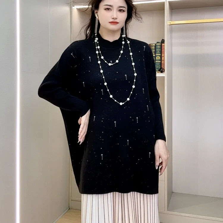 【 543】秋冬女针织衫中长款毛衣裙宽松大码显瘦半高领针织衫