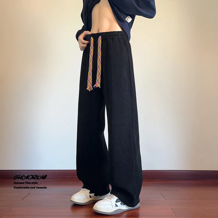 麦穗纹休闲裤男秋冬新款加绒加厚直筒长裤子宽松百搭大码阔腿卫裤