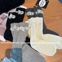 欧货袜子女轻奢重工纽扣蕾丝布标中筒袜韩版洋气百搭堆堆袜ins女