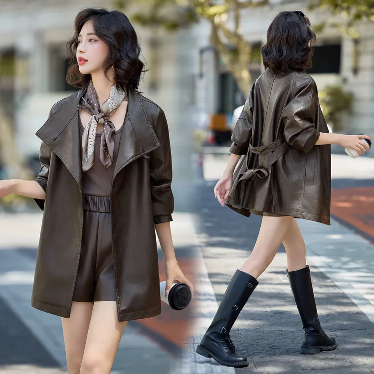 海宁真皮皮衣女秋冬2025中长款时尚设计感系带小个子风衣皮外套潮