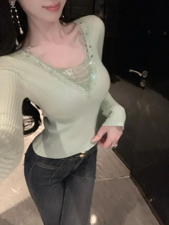 【雅乔定制】星钻闪耀 水晶链条蕾丝花边针织打底上衣DYCC-25108421