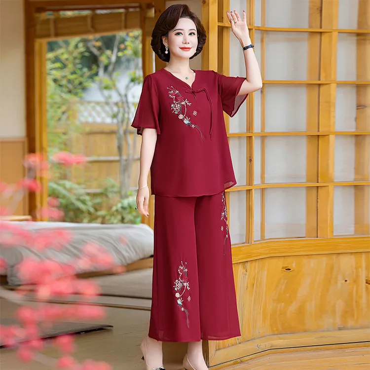 中老年人女夏装雪纺套装喜婆婆婚宴装新中式媳妇妈妈结婚礼服夏装