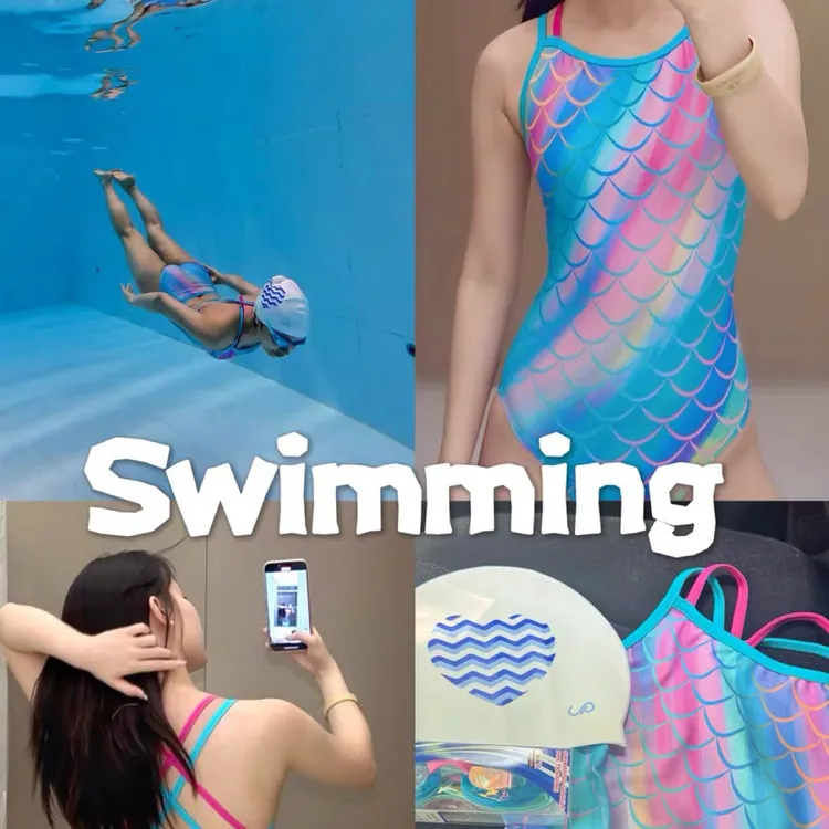[单层渐变美人鱼]游泳中低开叉单层连体竞技泳衣渐变双交叉美背