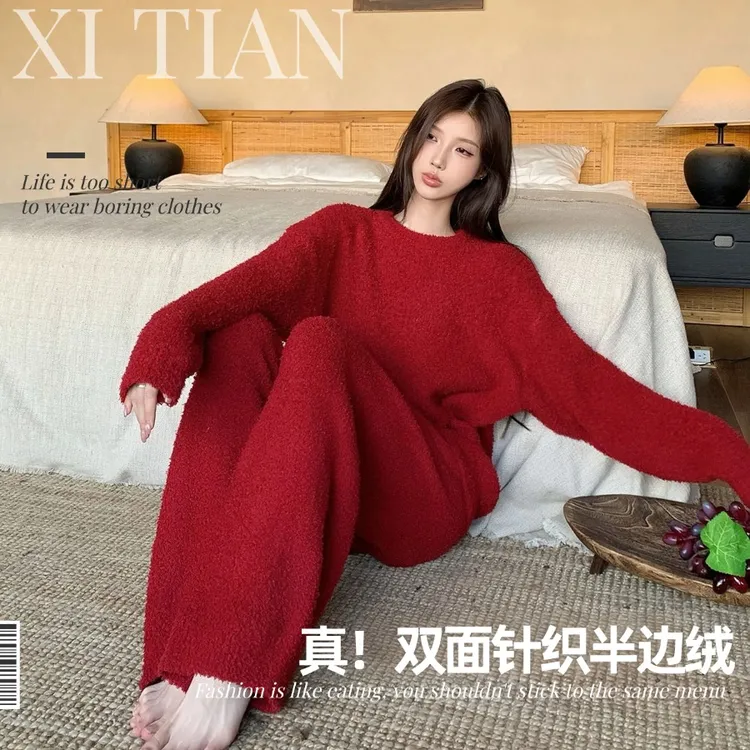 冬日加绒加厚可外出居家睡衣套装保暖大码半边绒家居服两件套女