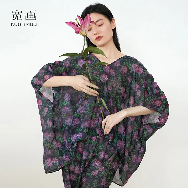 宽画【莫奈系列】新款桑蚕丝睡衣套装透气印花宽松家居服-KH90230