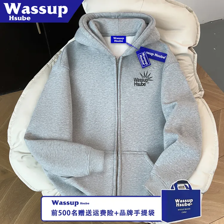 WASSUP HSUBE潮流印花长袖宽松情侣简约字母几何拉链秋冬连帽上衣