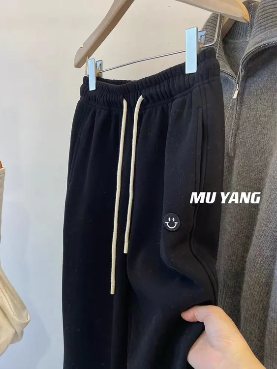 特大码300斤加绒加厚保暖刺绣笑脸女时尚百搭简约宽松显瘦休闲裤2