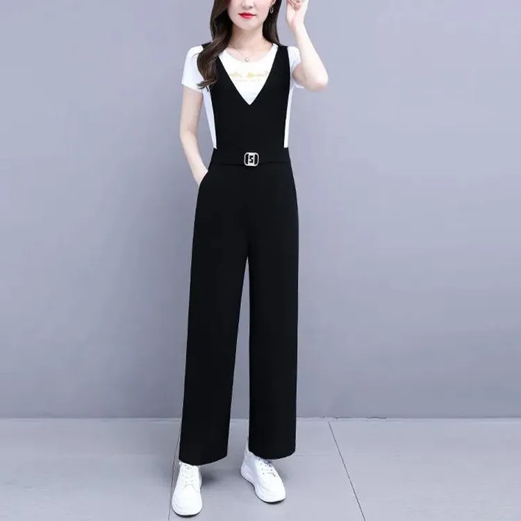 阔腿背带裤套装女夏2025新款黑色修身小个子感减龄九分连体裤