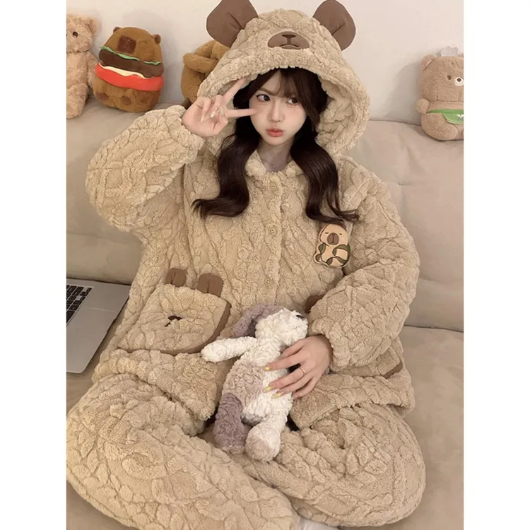 【年底特惠】加大码夹睡衣女冬季2025新款珊瑚绒加厚保暖学生袄套装