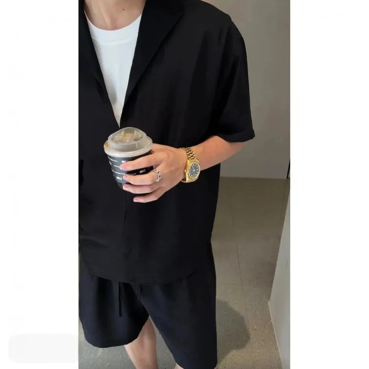 CHANWS 假两件老钱风亚麻套装男2025高级感衬衫短裤夏装8008