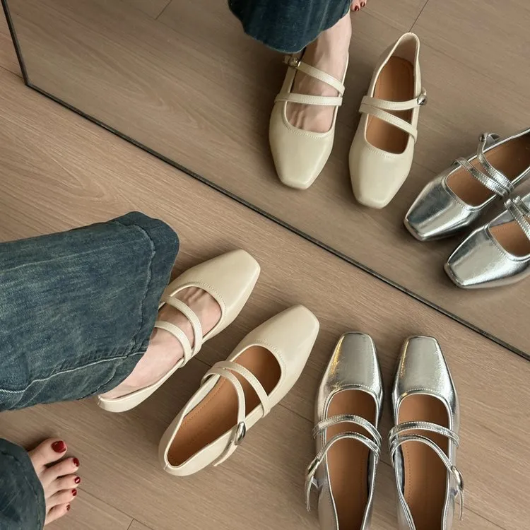 法式银色玛丽珍单鞋2025新款春高级感平底鞋气质晚晚鞋低跟小皮鞋