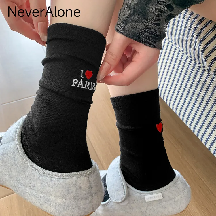 袜子女夏季薄款后跟刺绣爱心长袜日系纯棉无骨堆堆袜春秋款中筒袜
