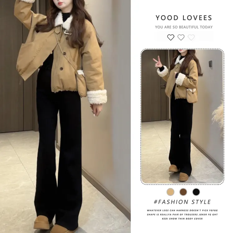翻领高腰女秋冬两件套穿搭外套套装ootd阔腿裤毛领棉衣韩系一整套