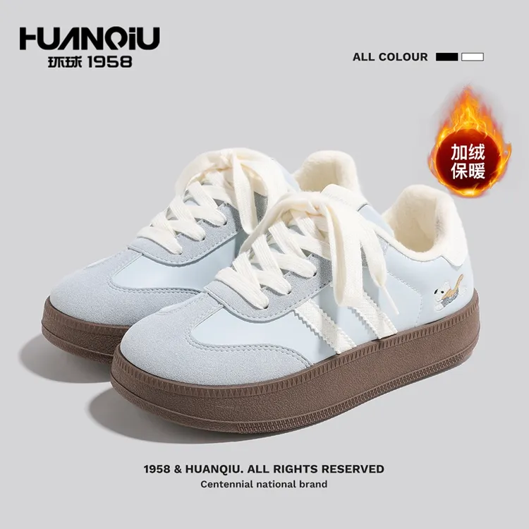 环球爆款刺绣百搭女鞋冬季加绒保暖小白鞋时尚厚底阔腿裤必备鞋