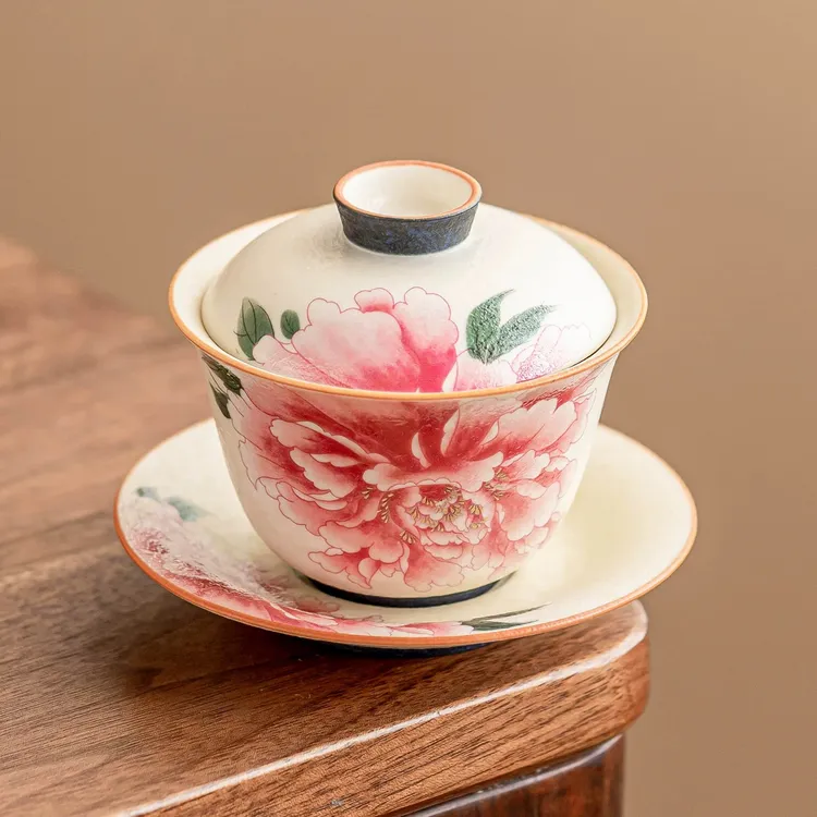 岩矿白描金牡丹三才盖碗复古带盖家用泡茶功夫茶具高档陶瓷茶具