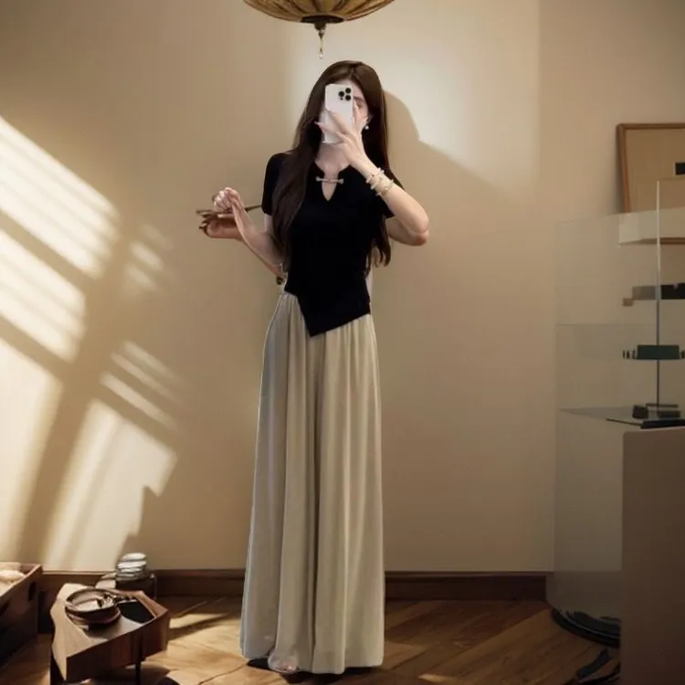 新中式国风盘扣上衣女夏季2025新款设计感小众不规则修身短袖T恤