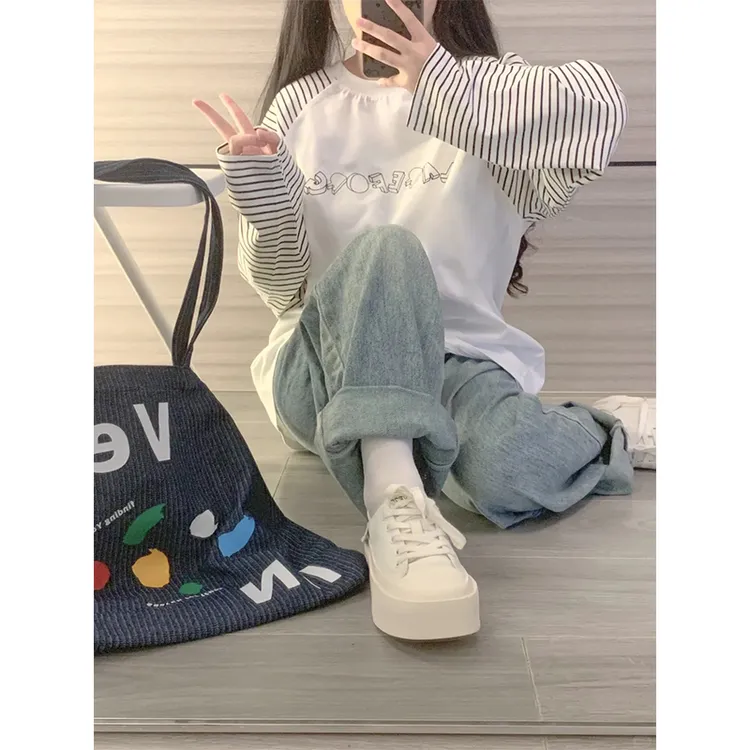 100%纯棉个性韩版条纹长袖t恤女秋季宽松休闲百搭减龄通勤上衣潮