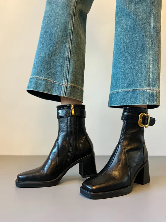 羊皮版~复古方头高跟短靴女2025新款粗跟瘦瘦靴通勤百搭马丁靴女