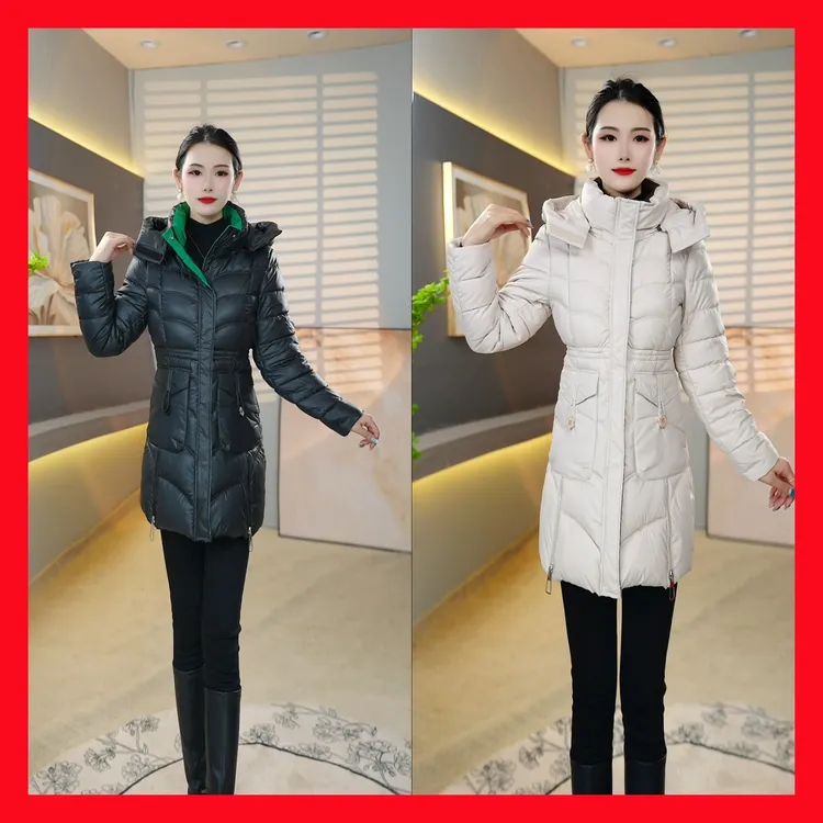 85冬季新款时尚拼接撞色长袖连帽防水免洗加厚中长款保暖外套女