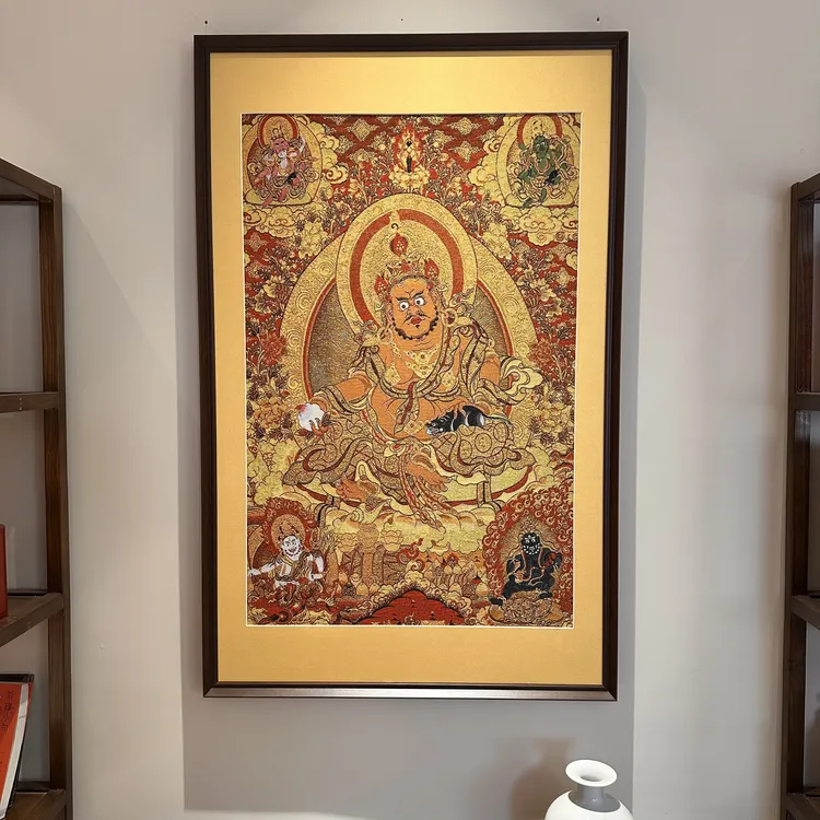 古一藏传-刺绣材质【红色五路财神】挂画茶室挂画书房挂画刺绣画
